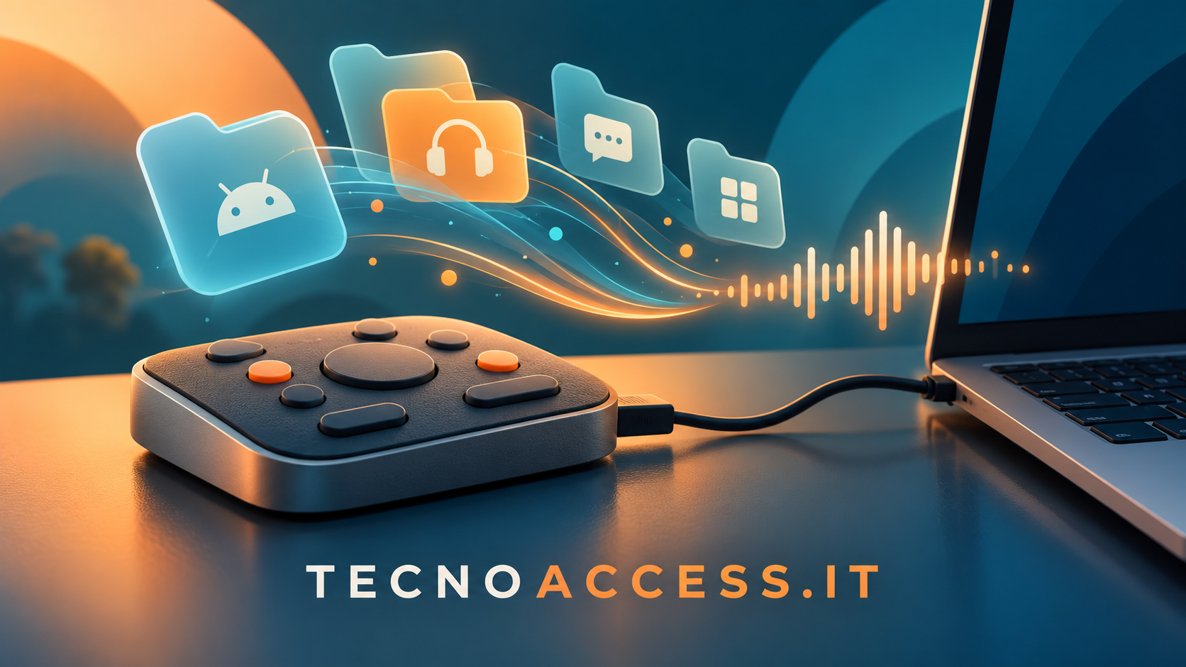 Illustrazione concettuale di un dispositivo con tasti tattili collegato a un computer, dedicata al progetto indipendente Satellite.