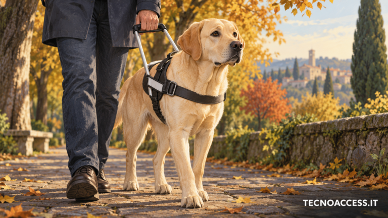 Illustrazione editoriale di un cane guida con pettorina accanto a una persona lungo un percorso alberato; scritta TECNOACCESS.IT.