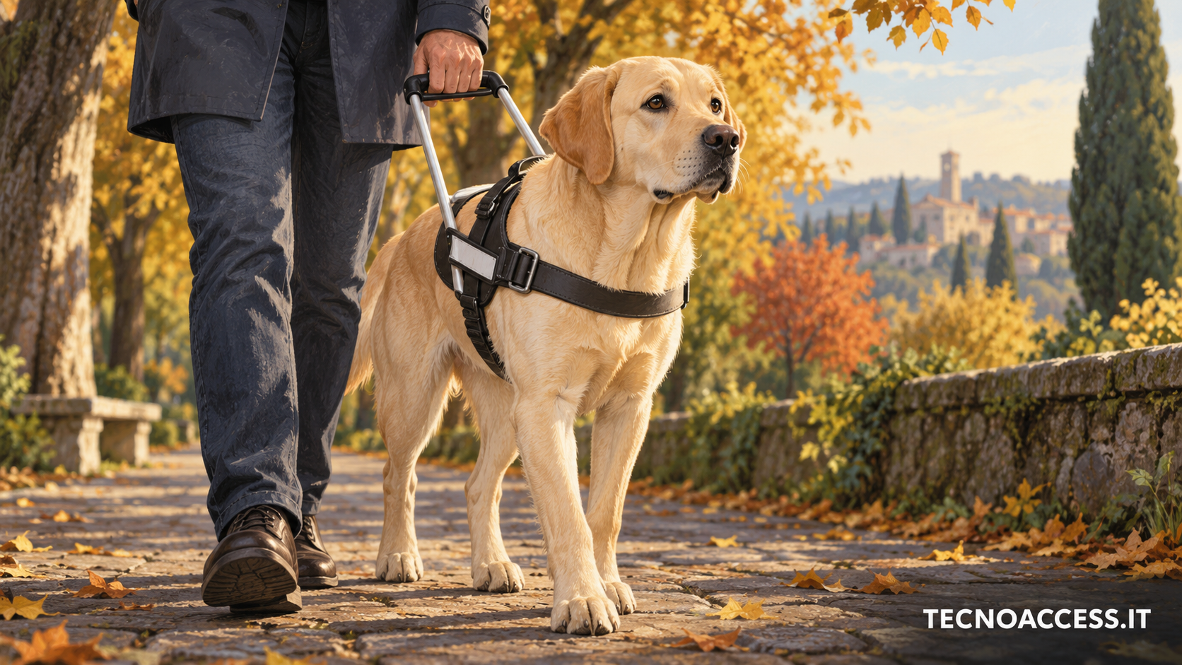 Illustrazione editoriale di un cane guida con pettorina accanto a una persona lungo un percorso alberato; scritta TECNOACCESS.IT.