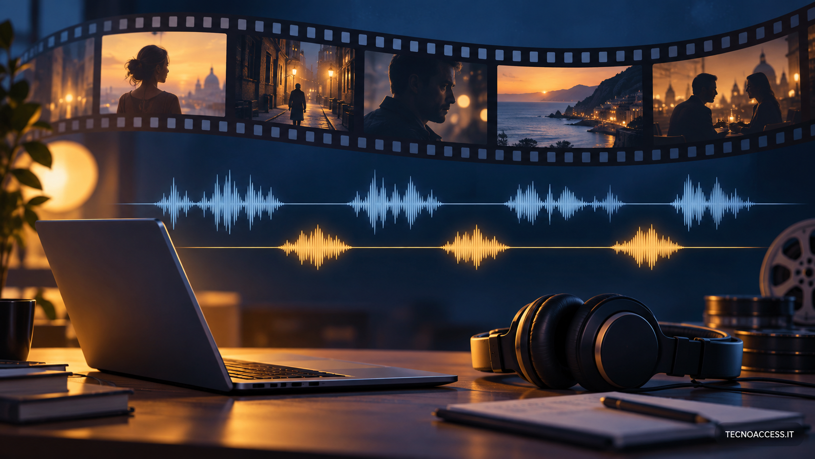 Illustrazione di una pellicola, onde sonore e cuffie accanto a un computer portatile.