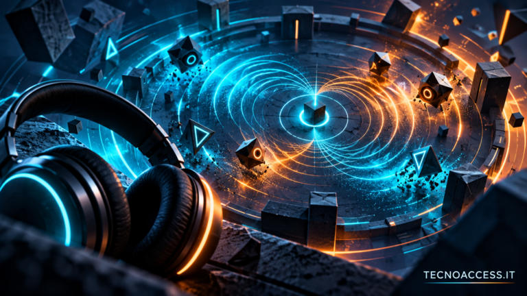 Illustrazione concettuale di un'arena circolare con onde sonore e cuffie, ispirata al gioco in audio. Scritta TECNOACCESS.IT.
