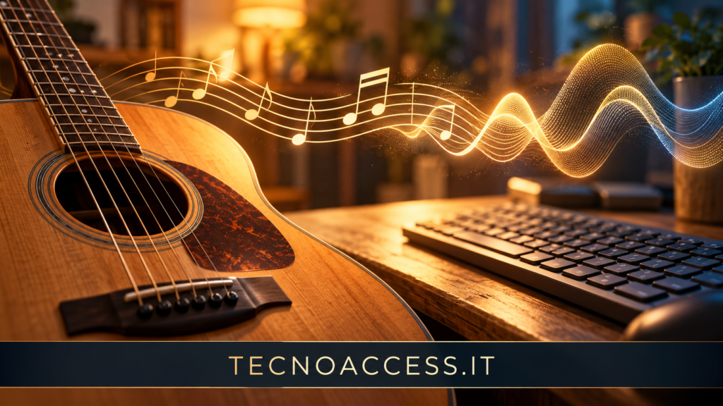 Illustrazione di una chitarra, una tastiera e onde sonore, dedicata alla lettura accessibile degli spartiti con SpeakTab.