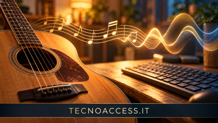 Illustrazione di una chitarra, una tastiera e onde sonore, dedicata alla lettura accessibile degli spartiti con SpeakTab.