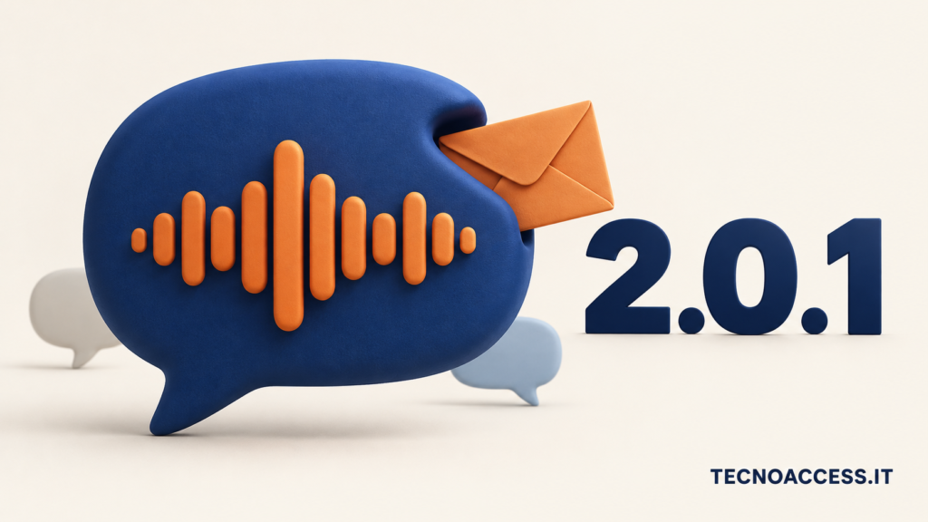 Tecnoaccess 2.0.1: una bolla blu con onda audio arancione e una busta da lettera.