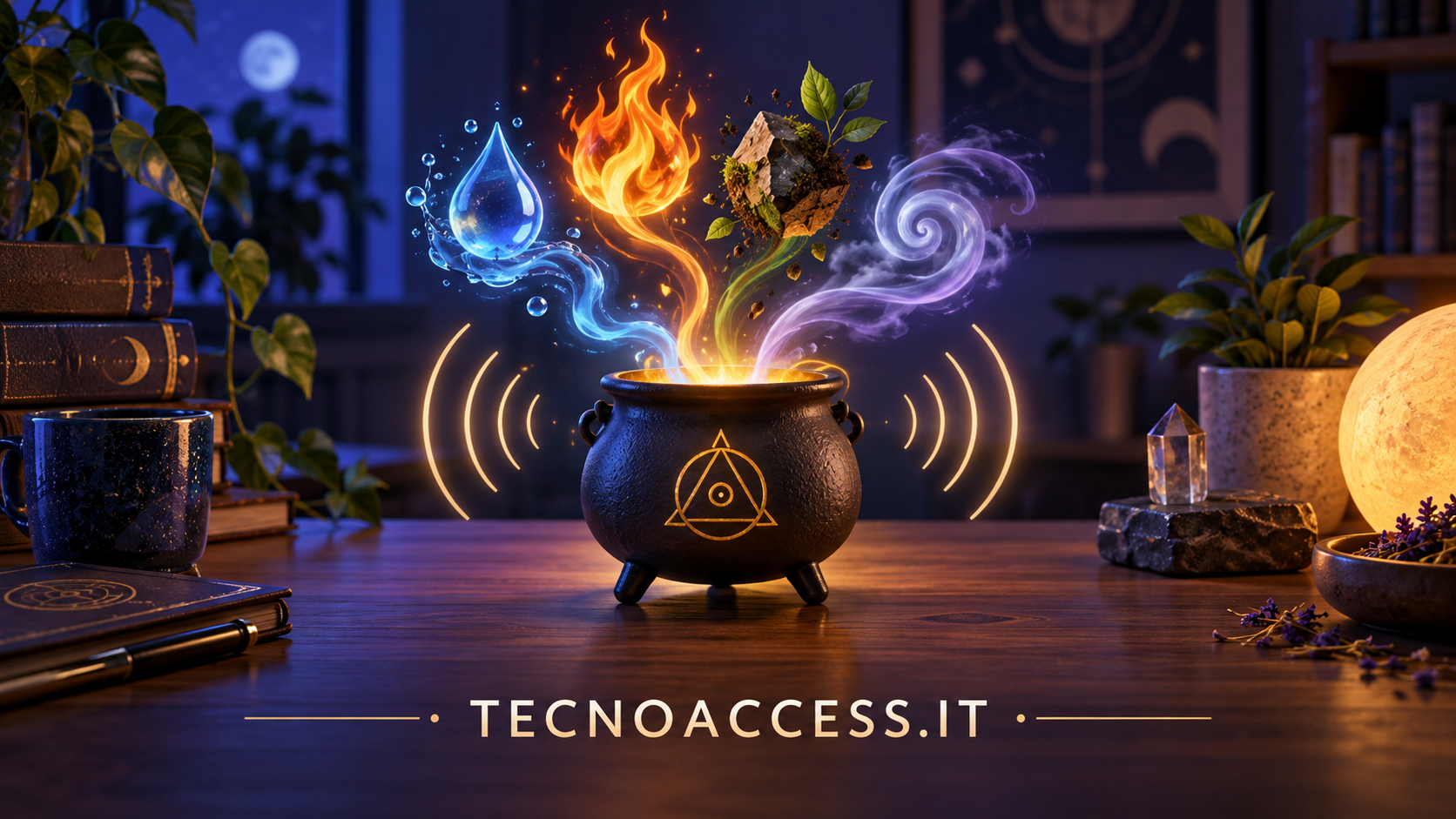 Illustrazione di un calderone circondato dai simboli di acqua, fuoco, terra e aria, con onde sonore che richiamano gli annunci di uno screen reader.