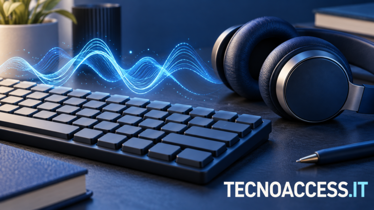 Illustrazione di cuffie e tastiera con onde sonore azzurre, dedicata alla sintesi vocale, con la scritta TECNOACCESS.IT.