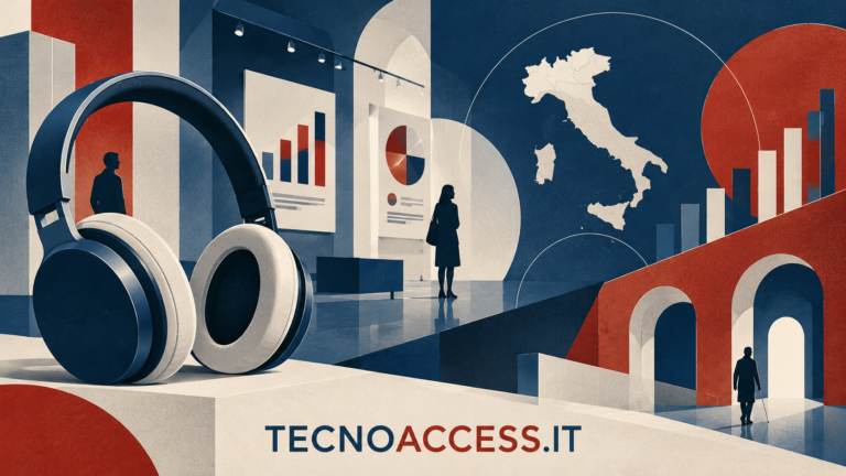 Illustrazione simbolica di cuffie audio davanti a grafici e all’Italia stilizzata, dedicata alle audiodescrizioni della mostra Istat.
