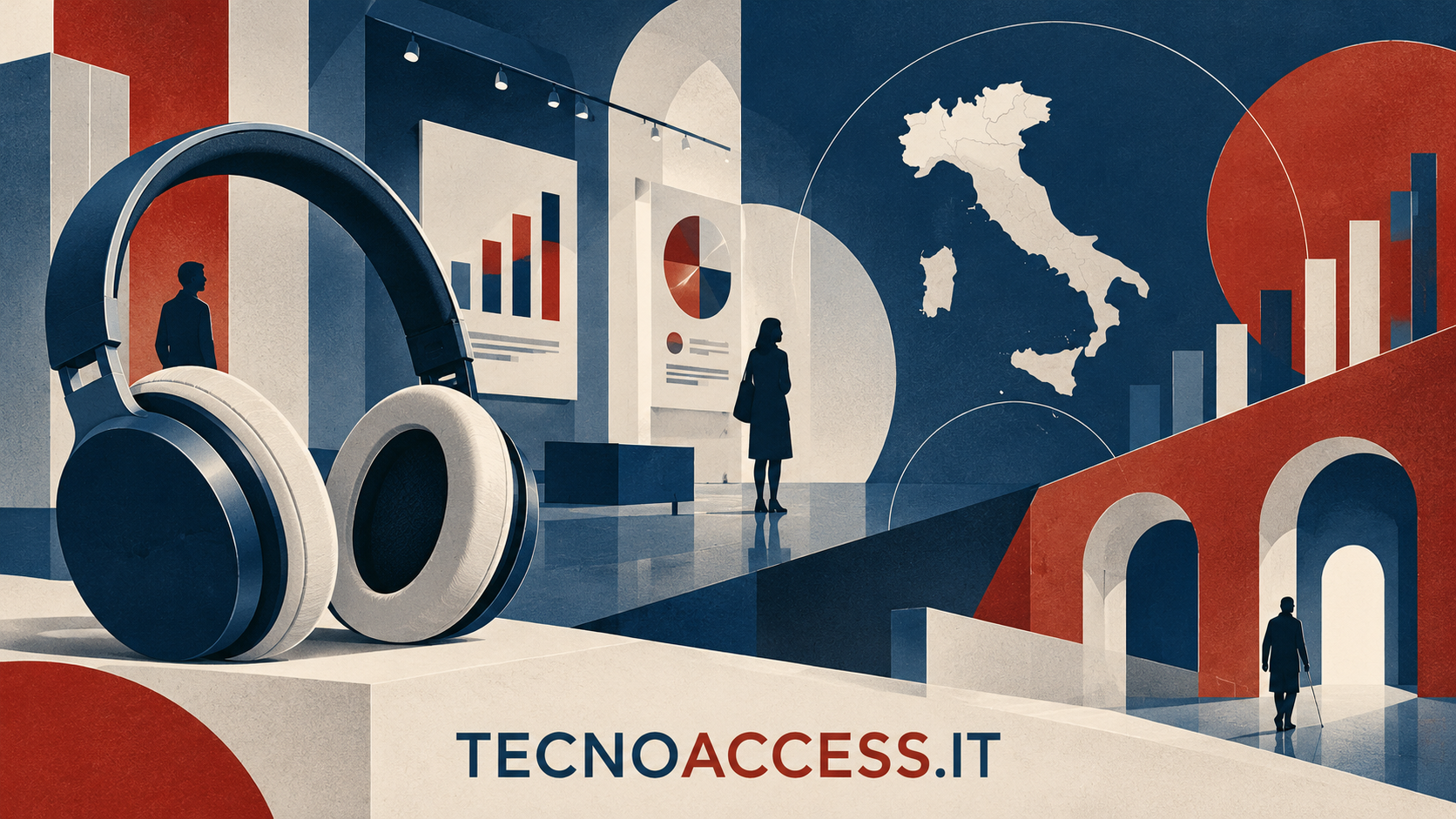 Illustrazione simbolica di cuffie audio davanti a grafici e all’Italia stilizzata, dedicata alle audiodescrizioni della mostra Istat.