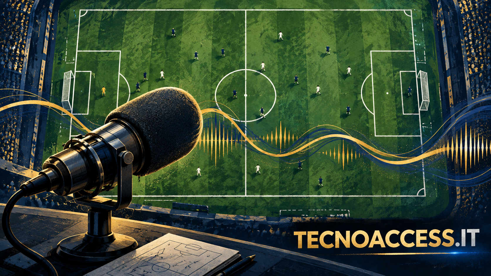 Illustrazione di un microfono e di onde sonore accanto a un campo da calcio, con la scritta TECNOACCESS.IT.