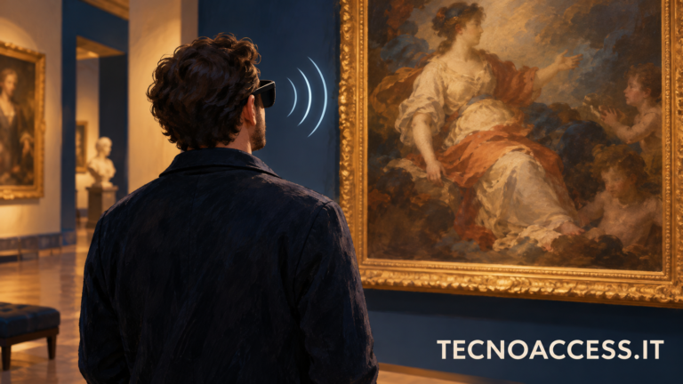 Illustrazione di un visitatore con occhiali in una galleria d’arte, con segni grafici che richiamano l’ascolto di audiodescrizioni. Scritta TECNOACCESS.IT.