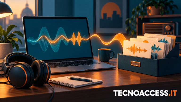 Illustrazione di un portatile e cuffie accanto a onde sonore e schede che richiamano un archivio audio. Scritta TECNOACCESS.IT.