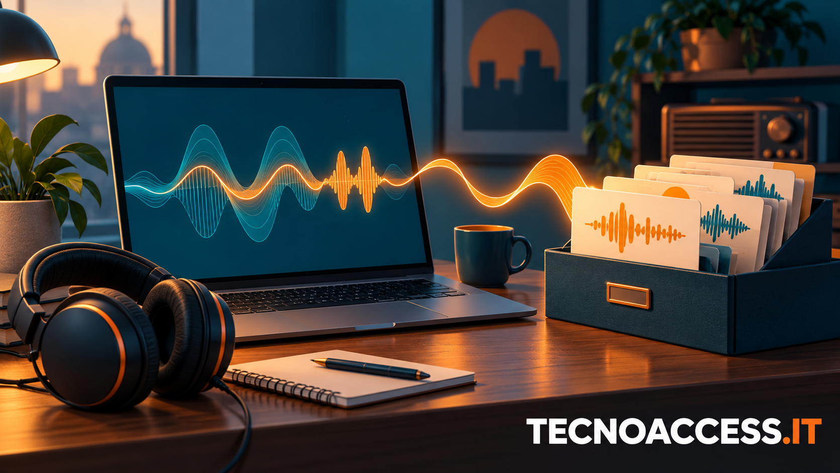 Illustrazione di un portatile e cuffie accanto a onde sonore e schede che richiamano un archivio audio. Scritta TECNOACCESS.IT.