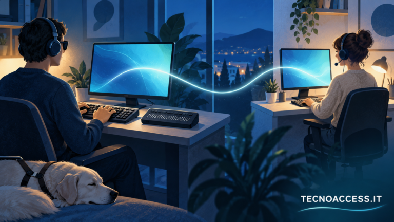 Illustrazione di due persone al computer collegate a distanza da una linea luminosa; su una scrivania c’è un display braille stilizzato e accanto riposa un cane guida. Scritta TECNOACCESS.IT.
