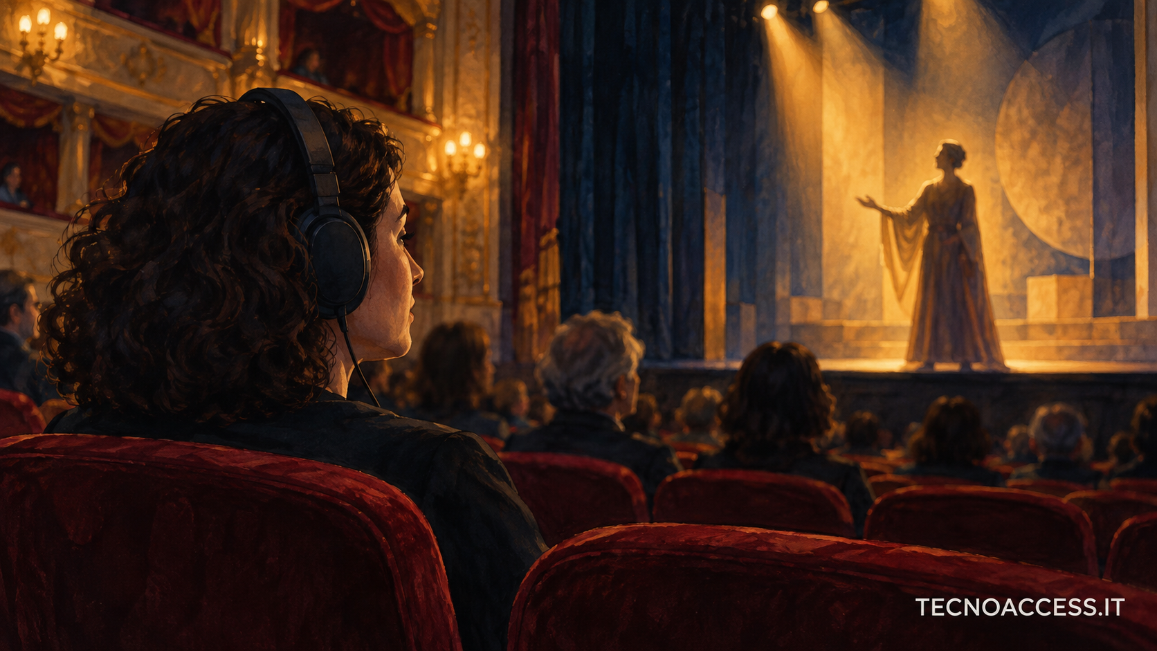 Illustrazione di una persona che ascolta in cuffia dalla platea di un teatro mentre una figura recita sul palco. Scritta TECNOACCESS.IT.