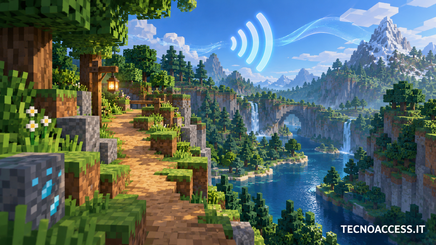 Illustrazione concettuale di un paesaggio a blocchi con un sentiero, un dislivello e un simbolo di avviso sonoro. Scritta TECNOACCESS.IT.