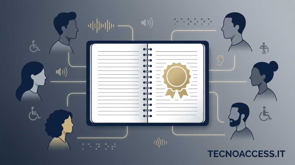Illustrazione di un registro comunitario con sigillo circondato da profili stilizzati e icone di comunicazione e accessibilità. Scritta TECNOACCESS.IT.