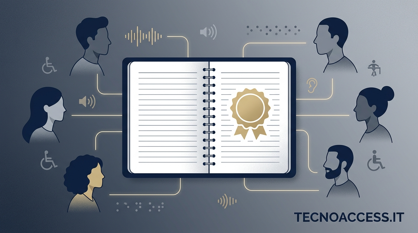 Illustrazione di un registro comunitario con sigillo circondato da profili stilizzati e icone di comunicazione e accessibilità. Scritta TECNOACCESS.IT.