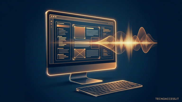 Illustrazione concettuale di uno schermo di computer stilizzato con scansione di pagina e onde sonore che simboleggiano la sintesi vocale. Scritta TECNOACCESS.IT.
