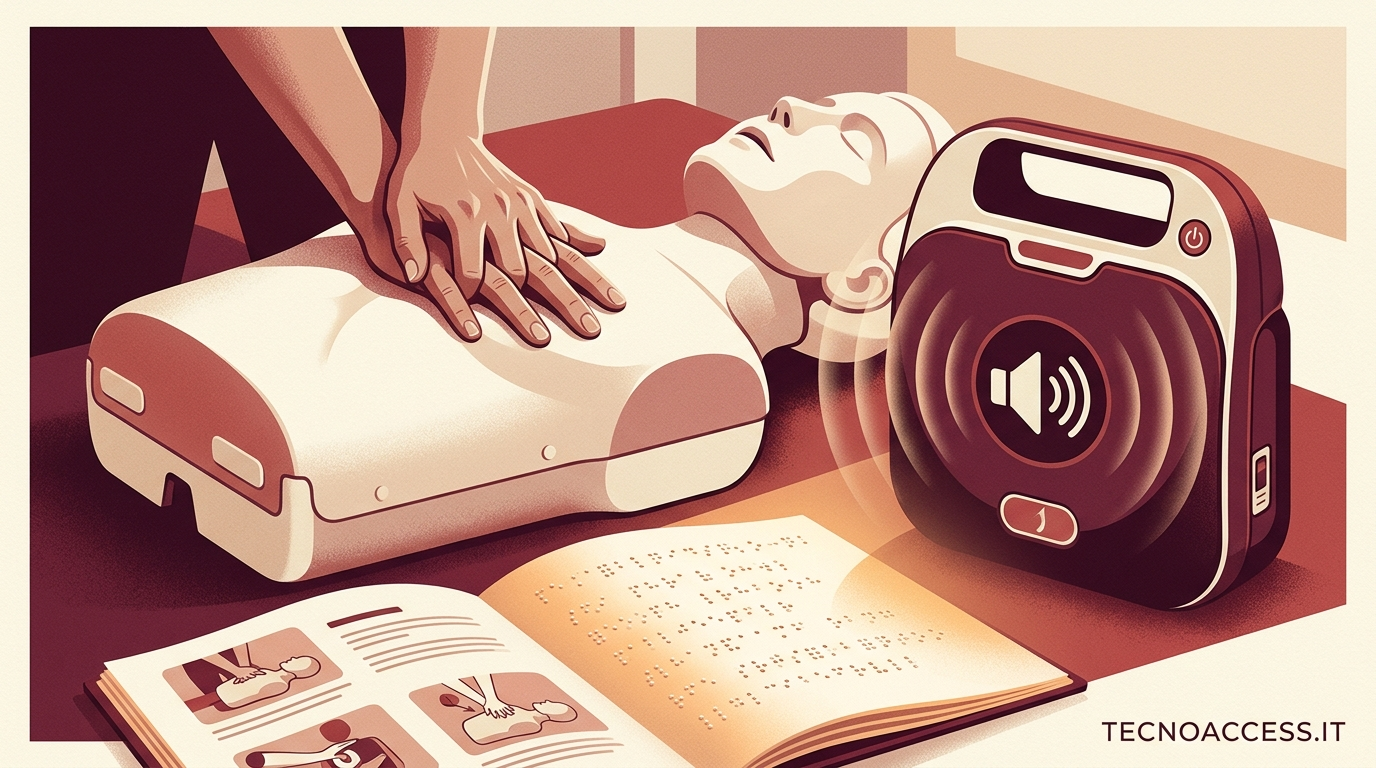 Illustrazione di manichino didattico per rianimazione cardiopolmonare con defibrillatore vocale e manuale con caratteri braille in primo piano. Scritta TECNOACCESS.IT.