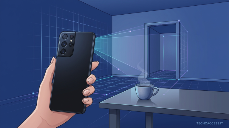 Illustrazione di una mano con smartphone che inquadra una stanza con tazza e porta tracciate da linee di profondità e griglie geometriche. Scritta TECNOACCESS.IT.