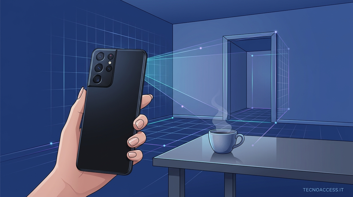 Illustrazione di una mano con smartphone che inquadra una stanza con tazza e porta tracciate da linee di profondità e griglie geometriche. Scritta TECNOACCESS.IT.