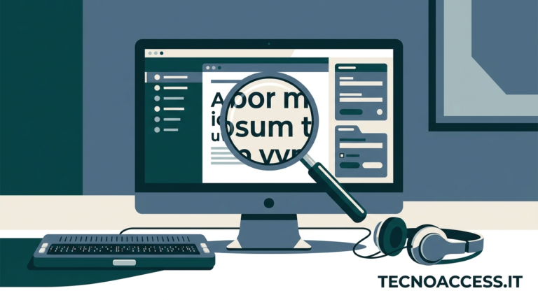 Illustrazione di una postazione di lavoro con monitor e lente di ingrandimento su testo, affiancata da barra braille e cuffie. Scritta TECNOACCESS.IT.