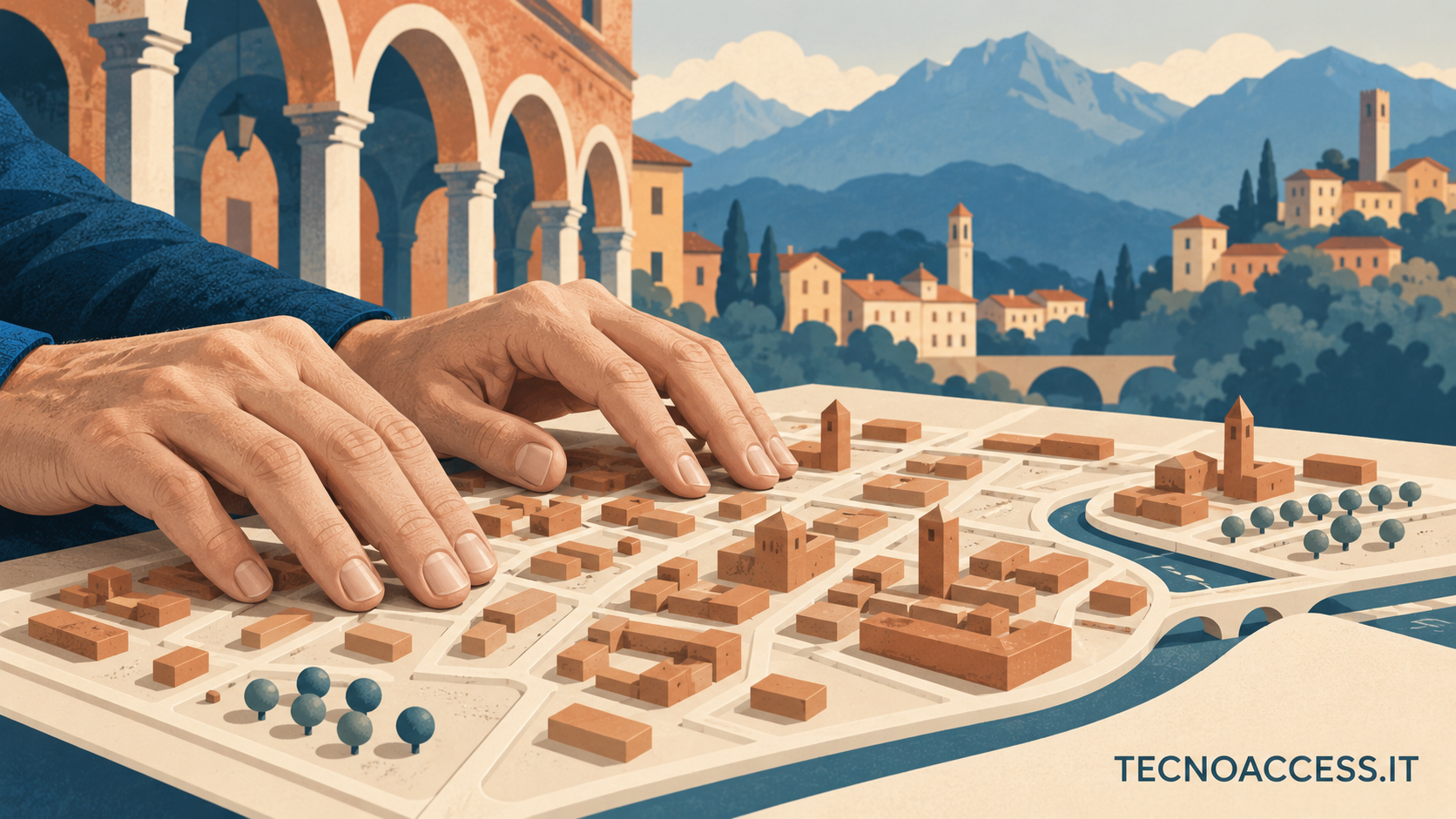Illustrazione editoriale di mani che esplorano una mappa urbana a rilievo, con sagome architettoniche sullo sfondo e scritta TECNOACCESS.IT.