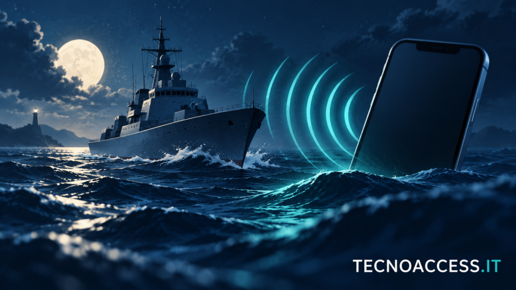 Illustrazione di una nave su un mare blu accanto a uno smartphone con onde sonore stilizzate, dedicata al gioco navale Boat Hunter.