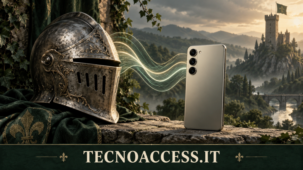 Illustrazione editoriale: elmo medievale accanto a un telefono senza interfaccia visibile e onde sonore, con la scritta TECNOACCESS.IT.