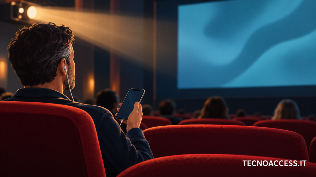 Illustrazione editoriale: uno spettatore con auricolari e telefono in una sala cinematografica, con la scritta TECNOACCESS.IT.