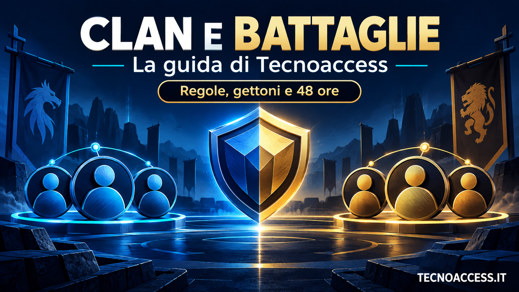 Illustrazione delle Battaglie di Tecnoaccess: due squadre di tre giocatori ai lati di uno scudo, con il testo Regole, gettoni e 48 ore.