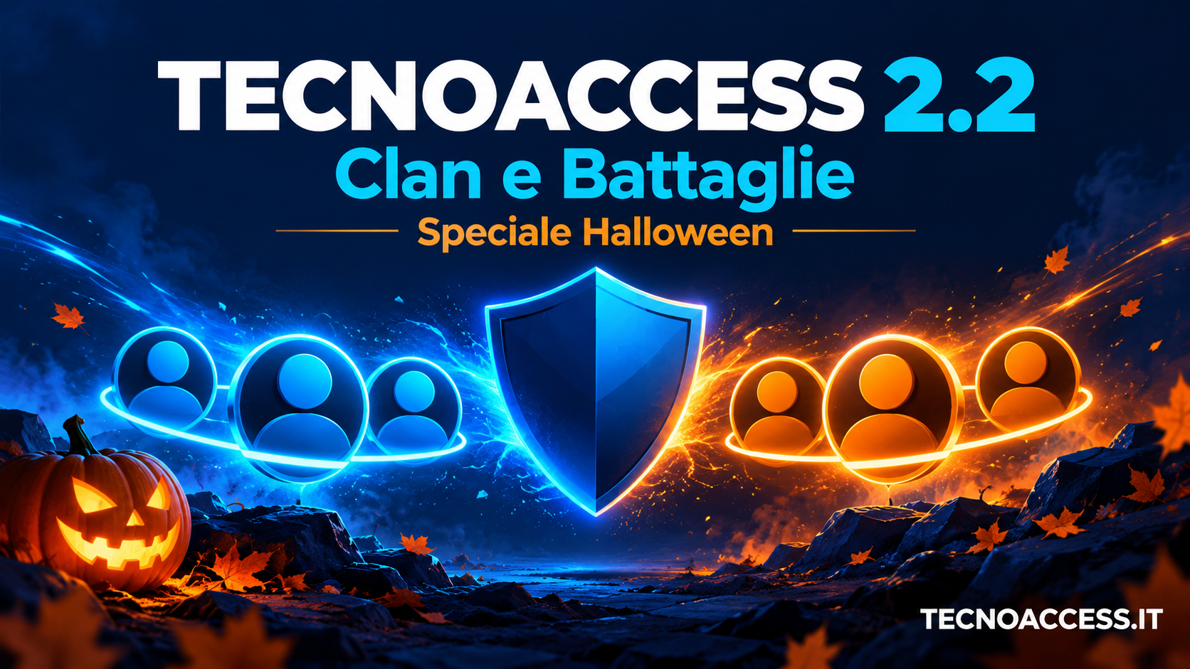 Illustrazione di Tecnoaccess 2.2: due squadre di tre giocatori, uno scudo centrale e una zucca accompagnano i titoli Clan e Battaglie e Speciale Halloween.