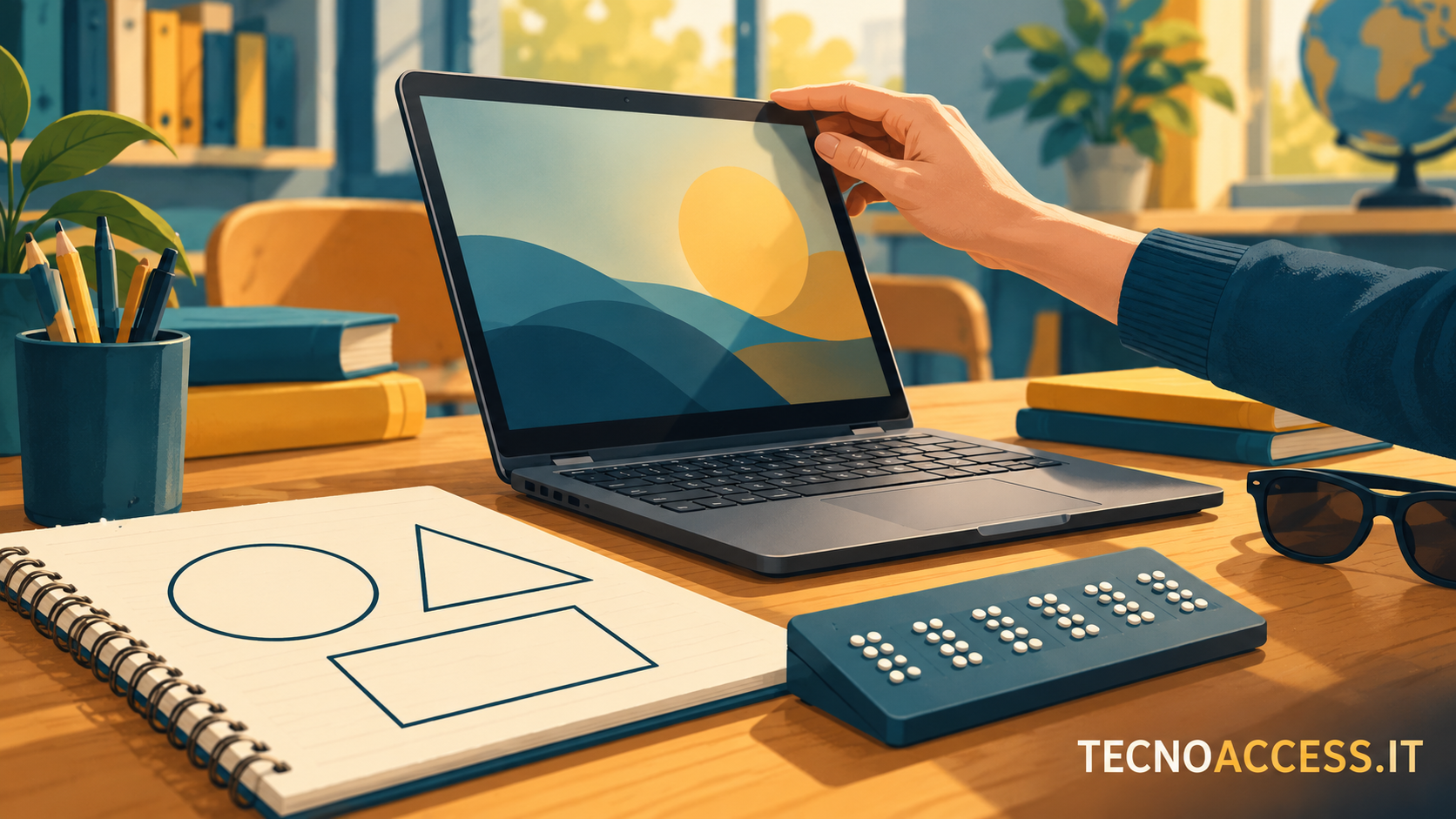 Illustrazione simbolica di un computer touch e materiali scolastici, per il webinar su Ti Guido Kit Studente.