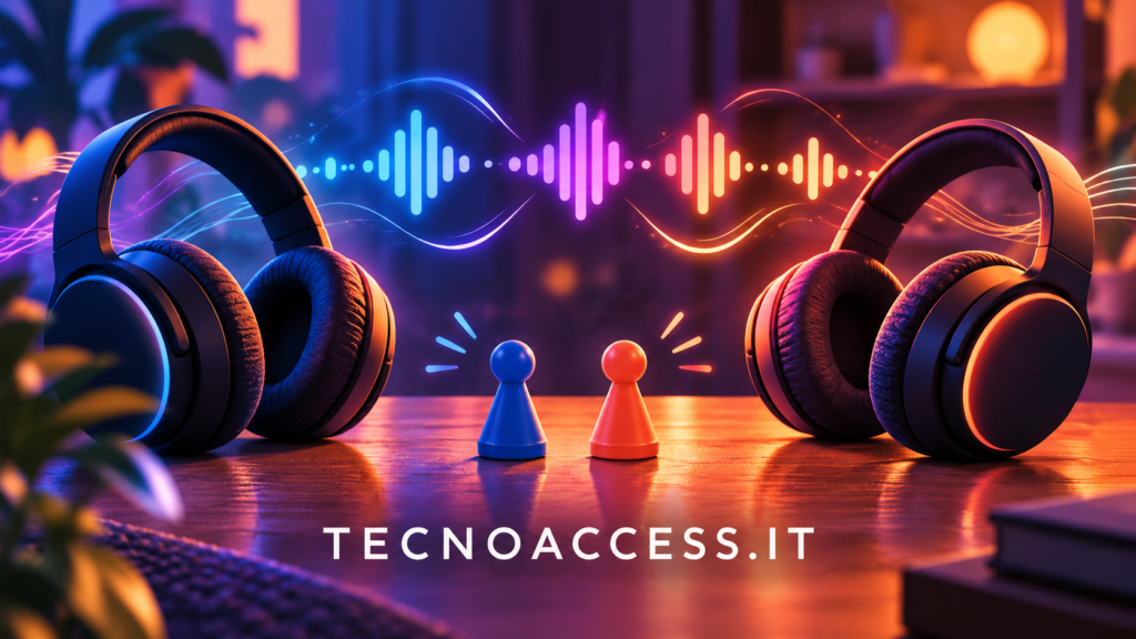 Illustrazione di cuffie, sequenze di onde sonore e due pedine, dedicata al gioco audio Beat The Bluff.