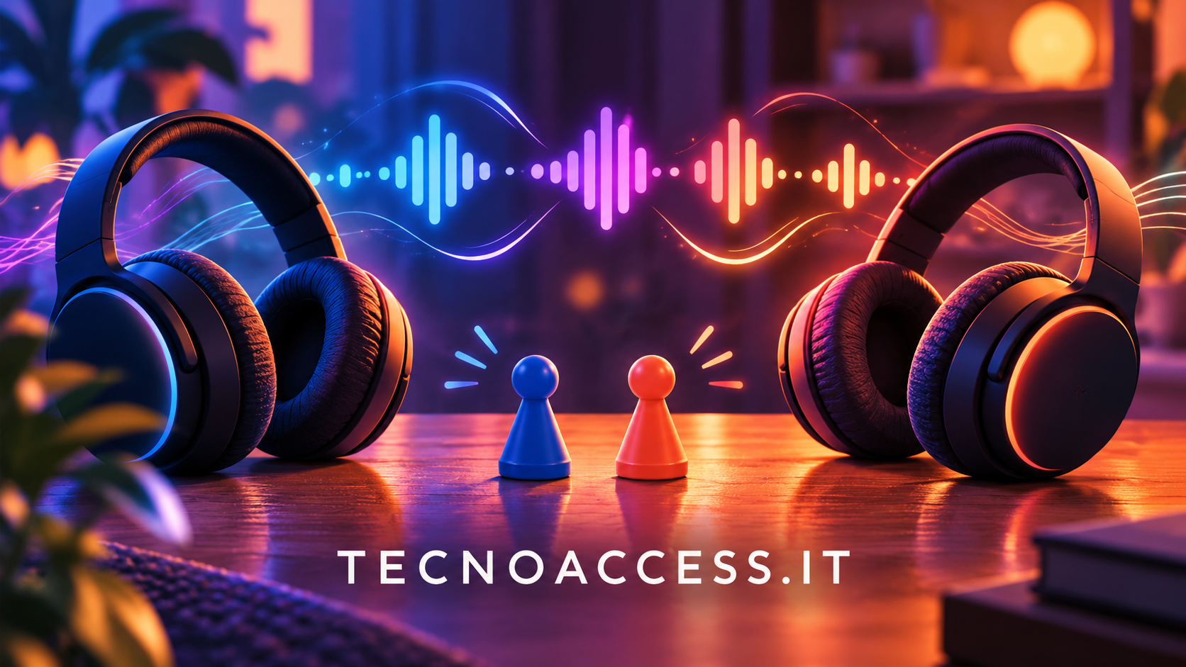 Illustrazione di cuffie, sequenze di onde sonore e due pedine, dedicata al gioco audio Beat The Bluff.