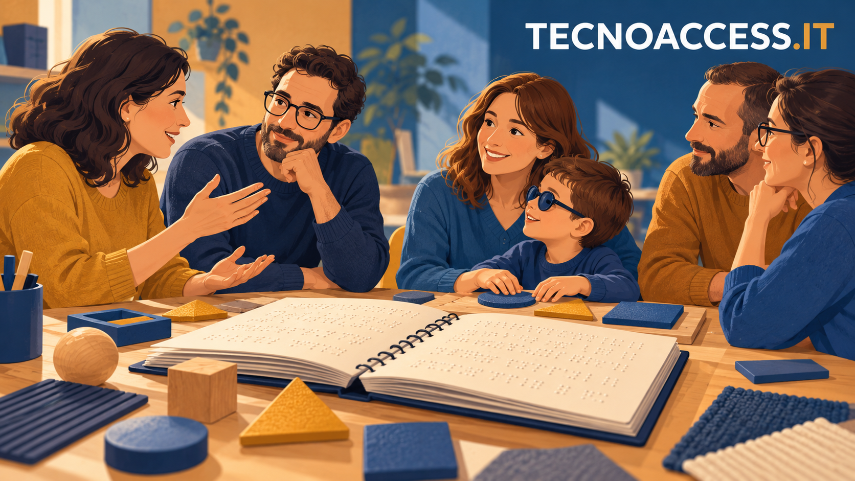 Illustrazione di un incontro fra adulti con materiali tattili sul tavolo, per il percorso formativo UICI Roma dedicato alle famiglie.