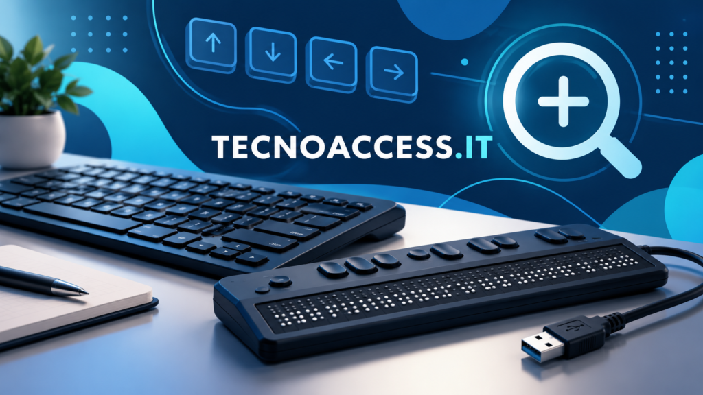 Illustrazione di tastiera, display braille generico e cavo USB, dedicata all’aggiornamento SuperNova 25.06.