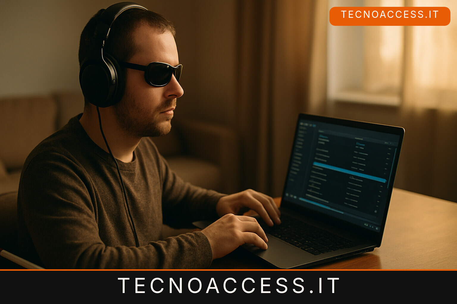Illustrazione di una persona con cuffie davanti a un computer portatile.