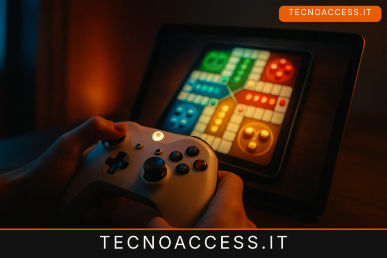 Illustrazione generica del gioco Ludo su un tablet, con un controller in primo piano.