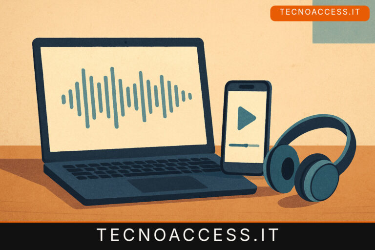 Illustrazione di un computer portatile, uno smartphone e cuffie su una scrivania, per un incontro online sulle tecnologie accessibili.