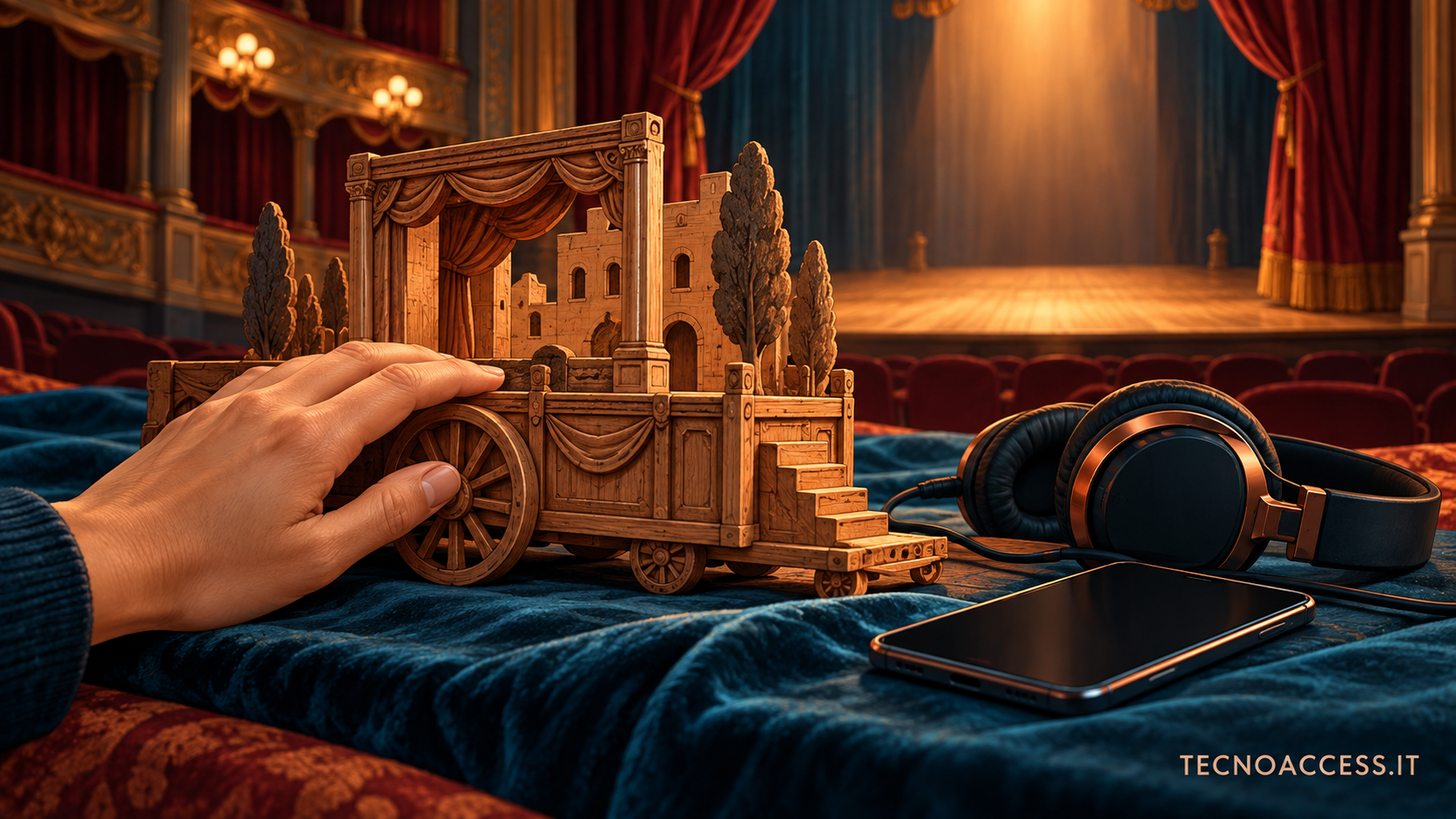 Illustrazione di una mano che esplora un modellino teatrale in legno, con cuffie e telefono davanti al palcoscenico.