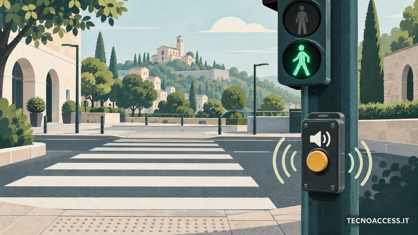 Illustrazione di un attraversamento pedonale e di un pulsante semaforico con onde grafiche che indicano un segnale sonoro. Scritta TECNOACCESS.IT.
