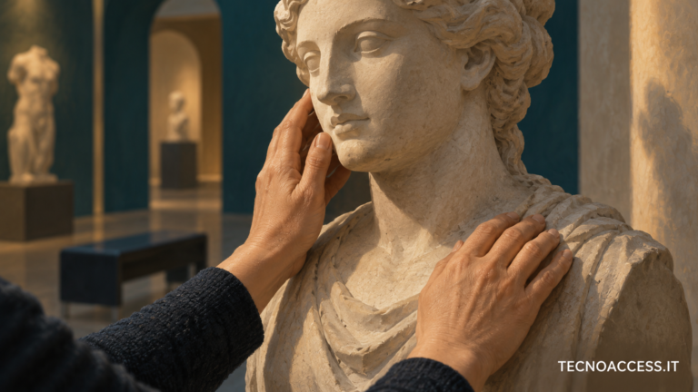 Illustrazione editoriale di mani che esplorano un busto classico durante una visita tattile; non raffigura una specifica opera del museo. Scritta TECNOACCESS.IT.