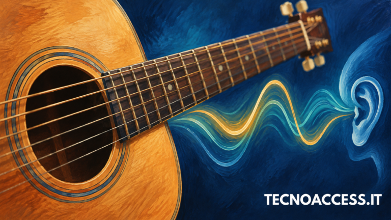 Illustrazione editoriale di una chitarra a sei corde con onde sonore che richiamano la guida all’accordatura; scritta TECNOACCESS.IT.