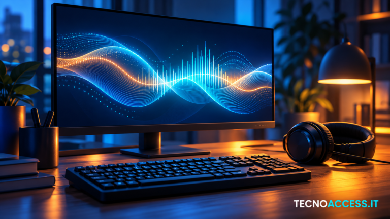 Illustrazione di tastiera e cuffie con onde sonore astratte sul monitor di un computer.