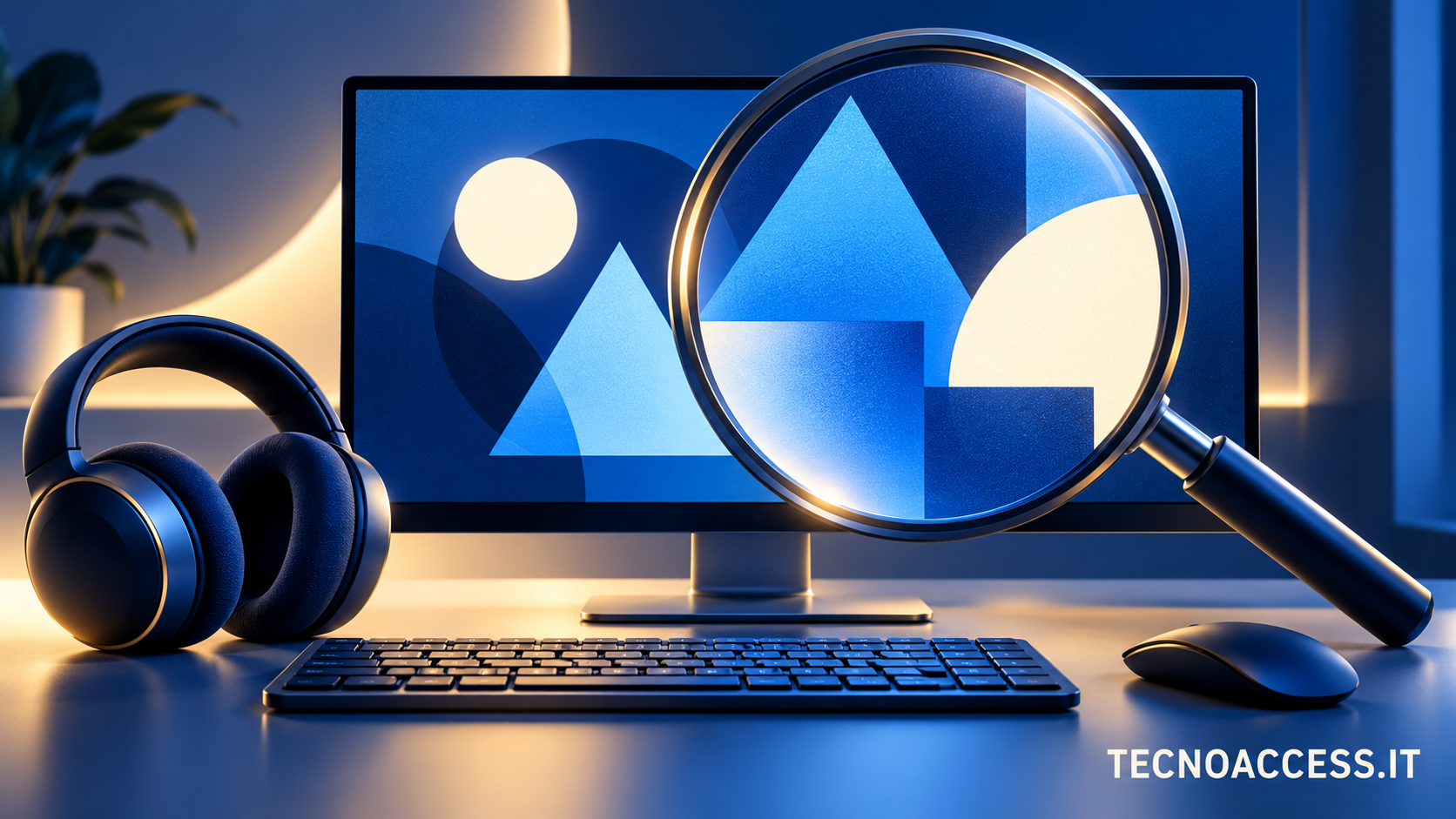 Illustrazione simbolica di un monitor, una tastiera, cuffie e una lente che ingrandisce forme geometriche sullo schermo.