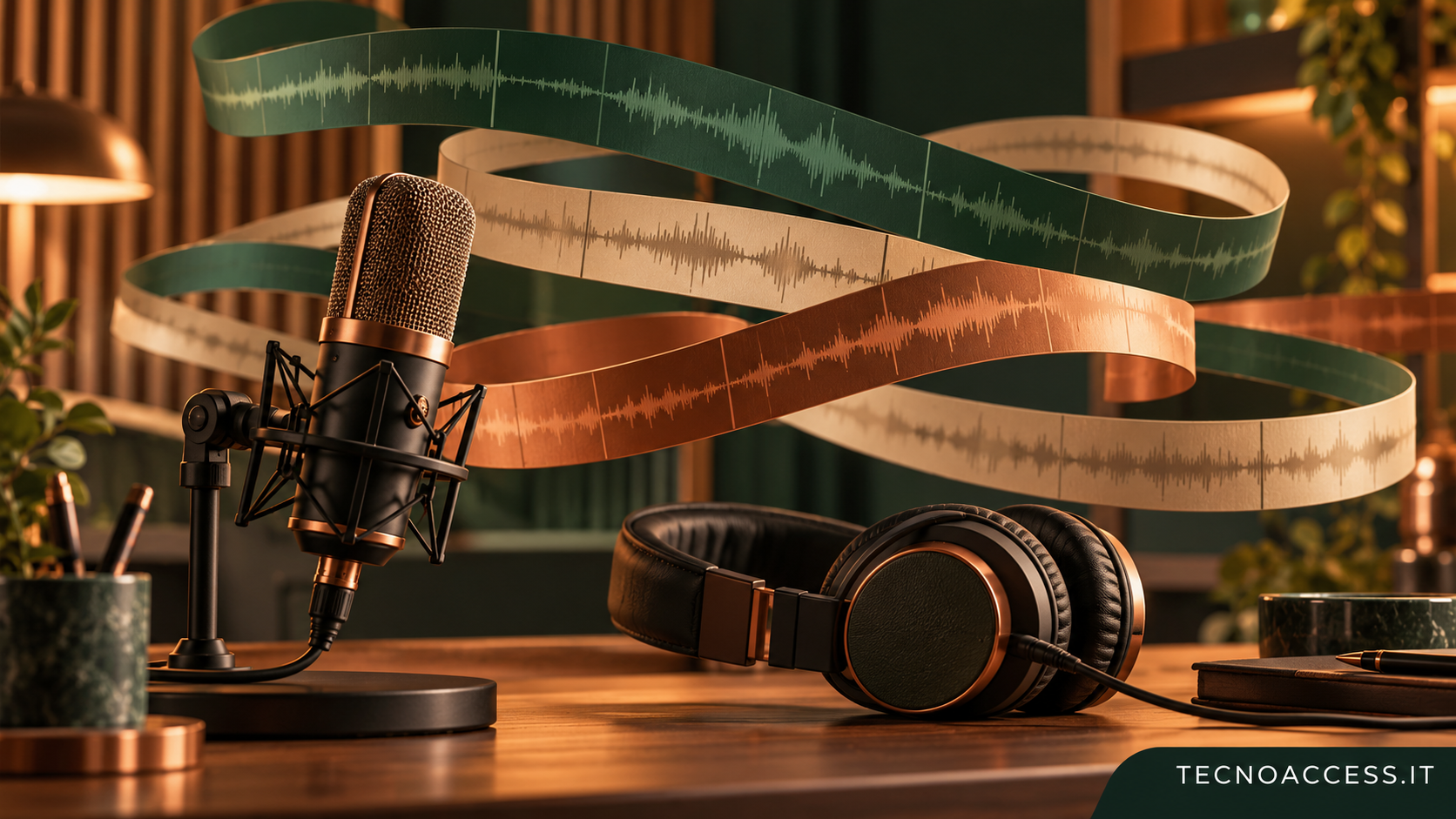 Illustrazione di un microfono, cuffie e tracce audio astratte, dedicata al montaggio con VoiceOver.